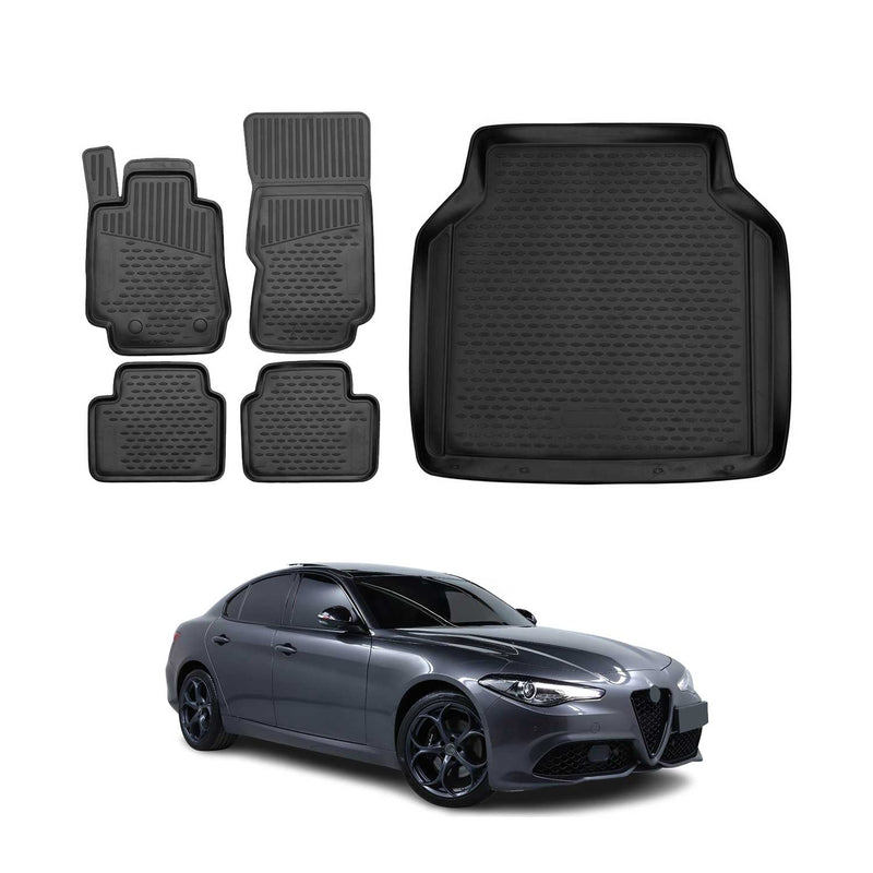 Fußmatten & Kofferraumwanne Set für Alfa Romeo Giulia 4 2015-2025 TPE Schwarz