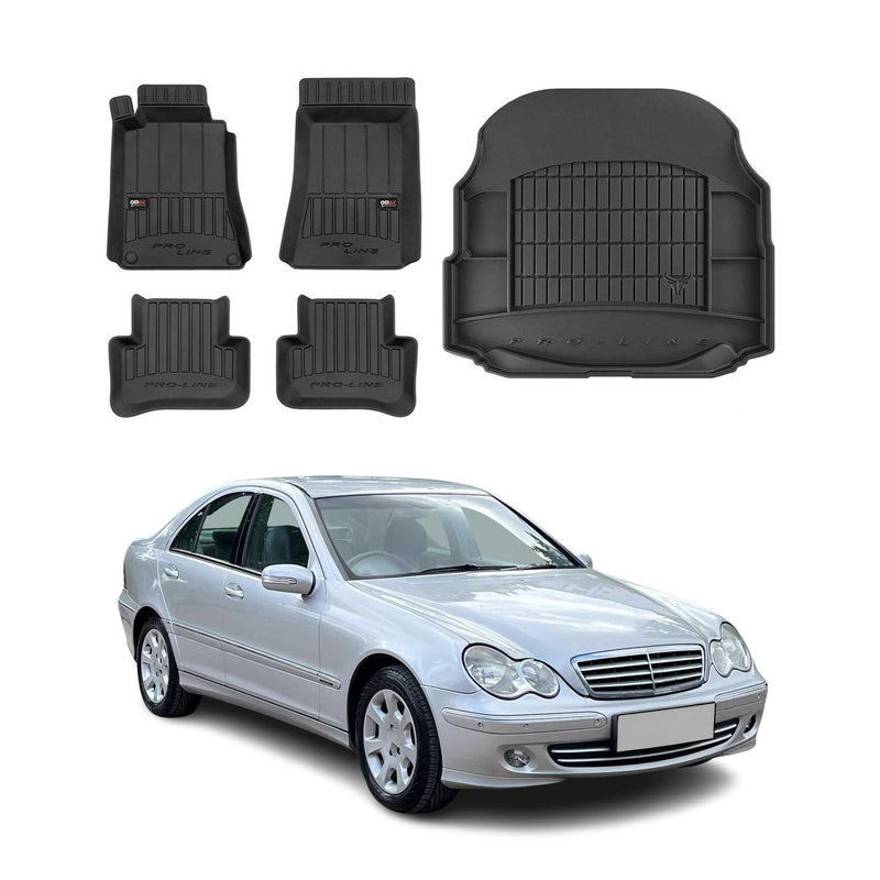 OMAC Fußmatten & Kofferraumwanne Set für Mercedes C Klasse W203 2000-2007 Gummi