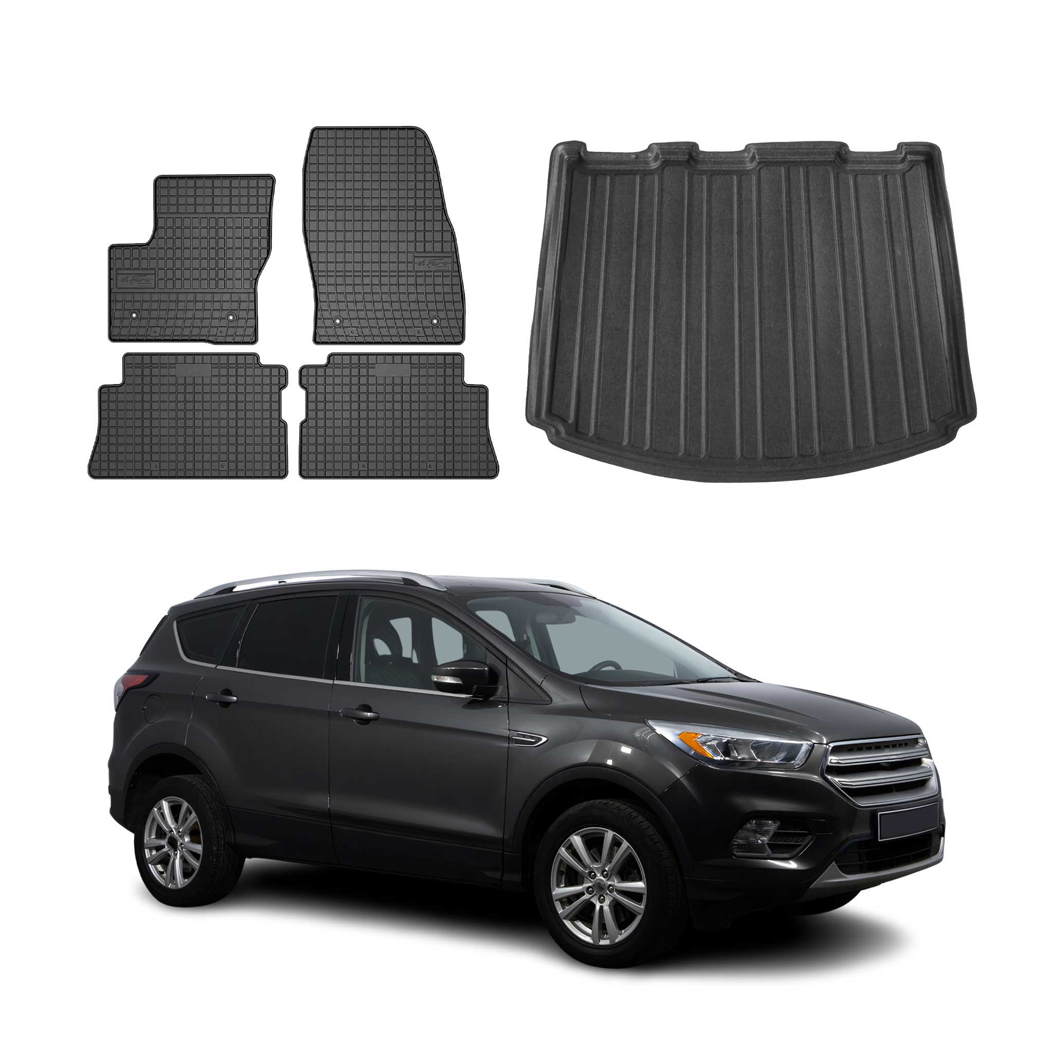 Fußmatten & Kofferraumwanne Set für Ford Kuga II 2012-2019 Gummi TPE Schwarz