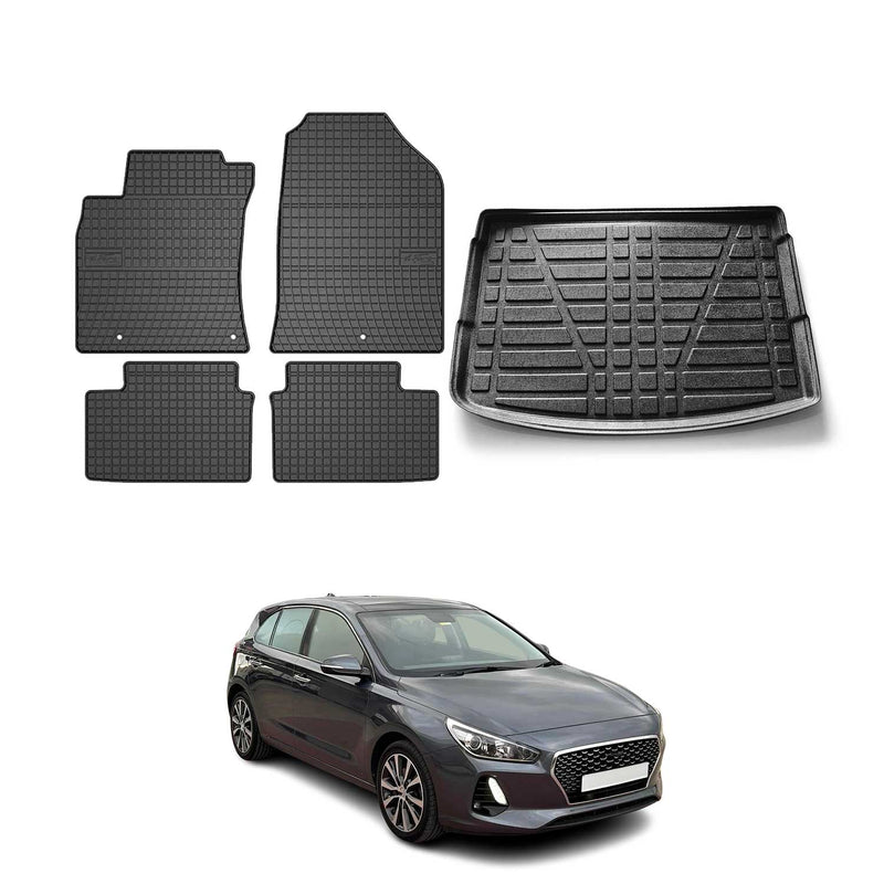 Fußmatten & Kofferraumwanne Set für Hyundai i30 2017-2025 Gummi TPE Schwarz 5x
