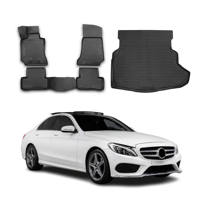 Fußmatten & Kofferraumwanne Set für Mercedes C Klasse W205 2014-2021 TPE Schwarz