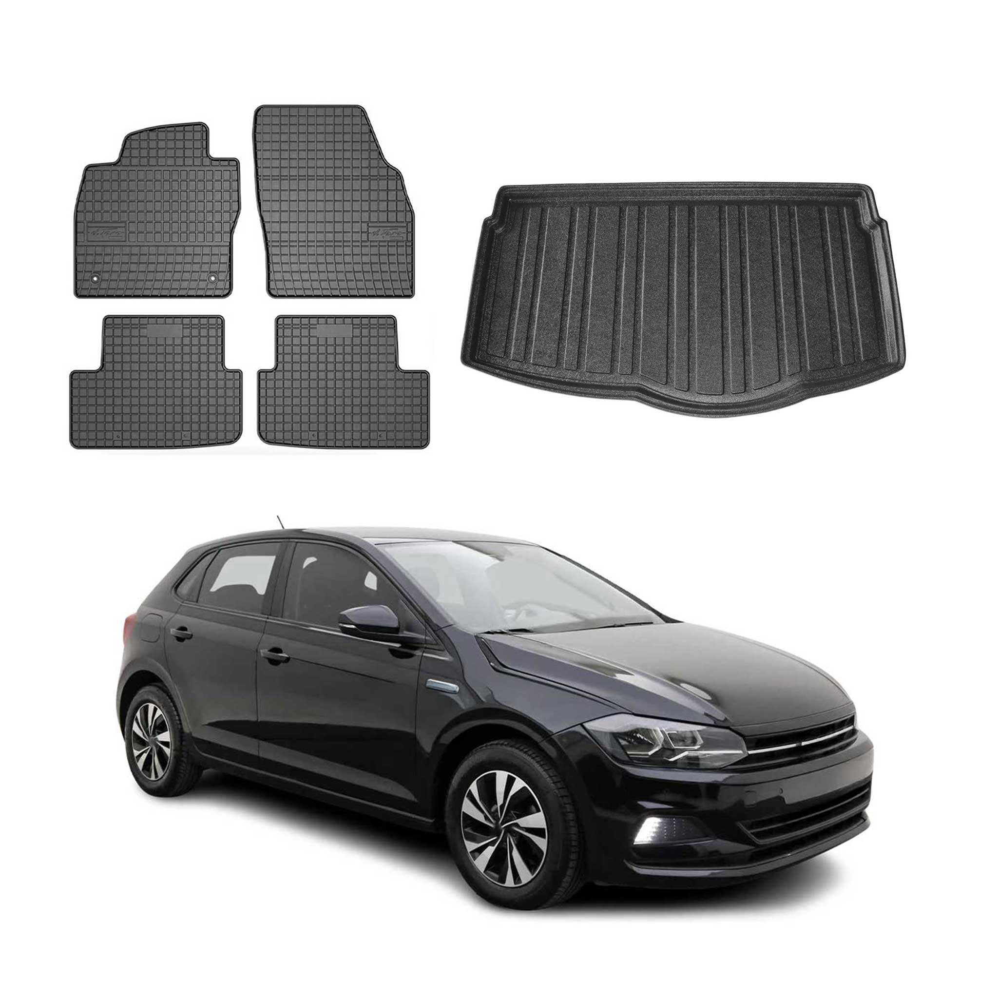 Fußmatten & Kofferraumwanne Set für VW Polo 2017-2021 Untere Gummi Schwarz 5x