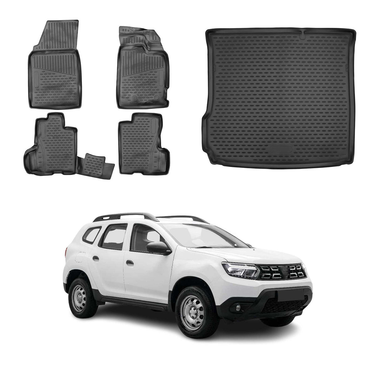 OMAC Fußmatten & Kofferraumwanne Set für Dacia Duster II 2018-2024 Schwarz