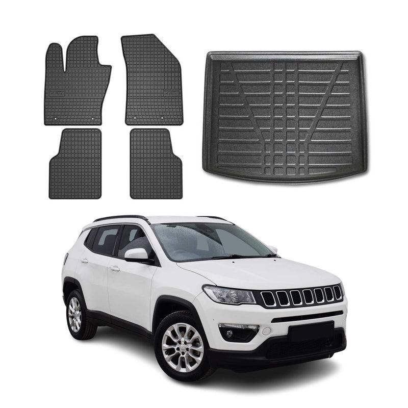 Fußmatten & Kofferraumwanne Set für Jeep Compass 2016-2025 Gummi TPE Schwarz 5x