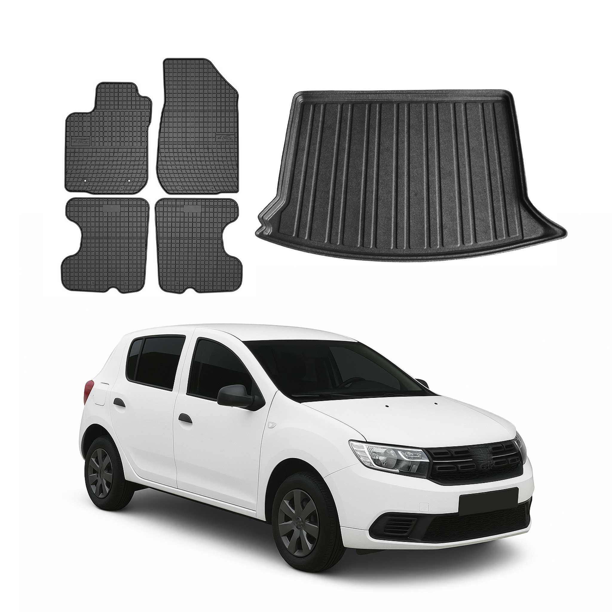 Fußmatten & Kofferraumwanne Set für Dacia Sandero 2012-2024 Gummi Schwarz 5x