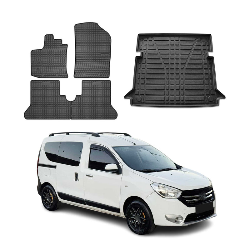 Fußmatten & Kofferraumwanne Set für Dacia Dokker 2012-2024 Gummi TPE Schwarz 5x