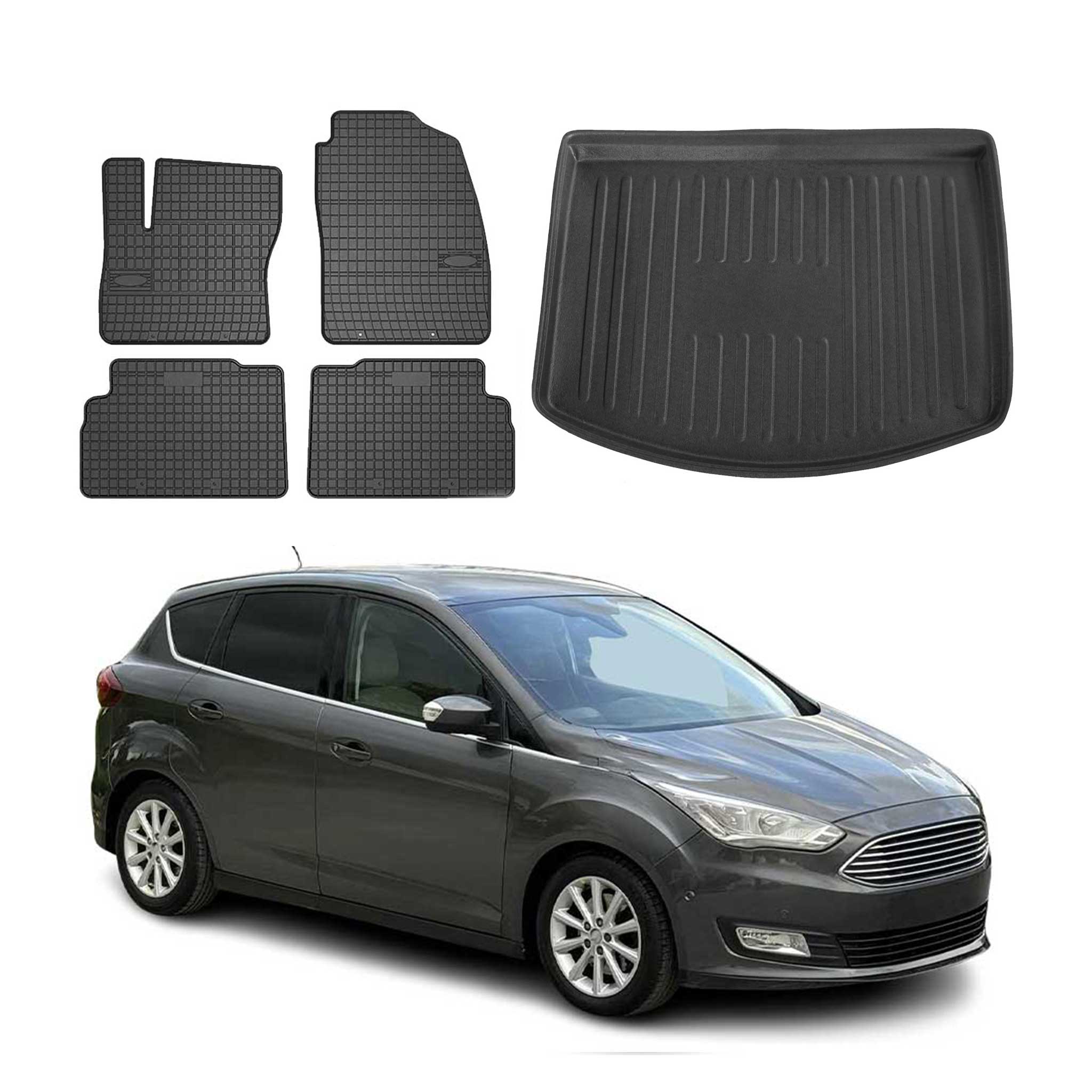 Fußmatten & Kofferraumwanne Set für Ford C-Max 2010-2019 5tür Gummi Schwarz 5x