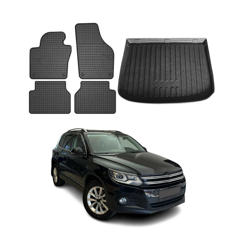 Fußmatten & Kofferraumwanne Set für VW Tiguan 2007-2016 Gummi TPE Schwarz 5tlg