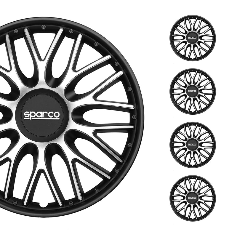 Radkappen Radzierblenden Sparco Roma 15" Zoll Abdeckung Set Silber Schwarz 4x