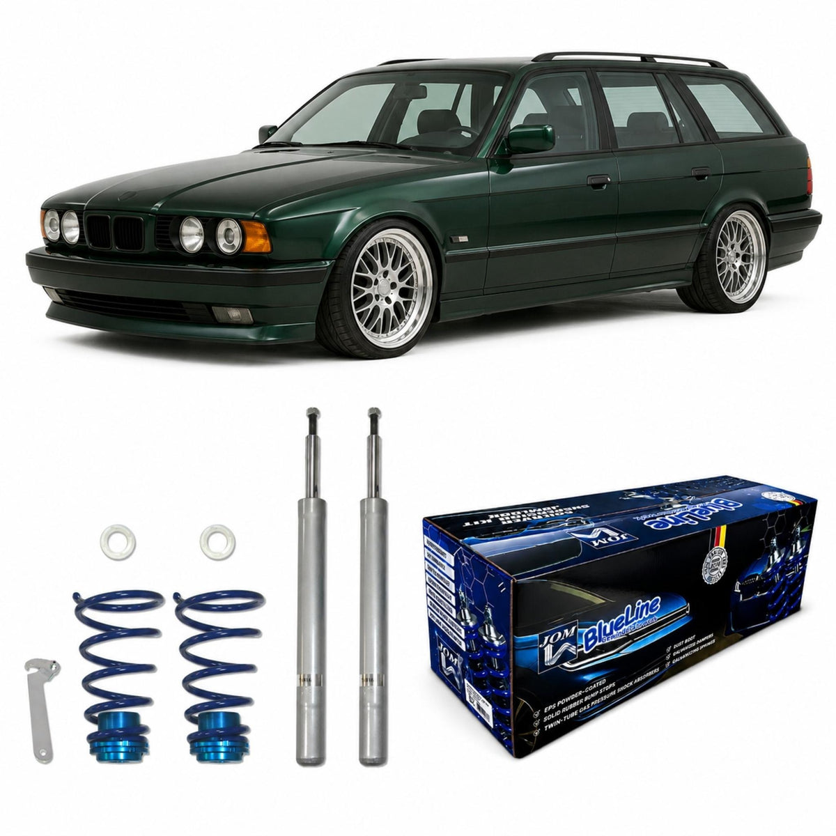 JOM BlueLine Gewindefahrwerk für BMW E34 Touring 524TD–530D D16/M14 (Gewinde/Serie).