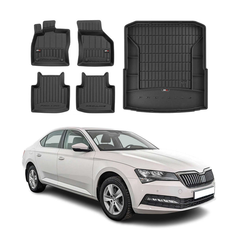 OMAC Fußmatten & Kofferraumwanne Set für Skoda Superb 2015-2025 Gummi Schwarz 5x