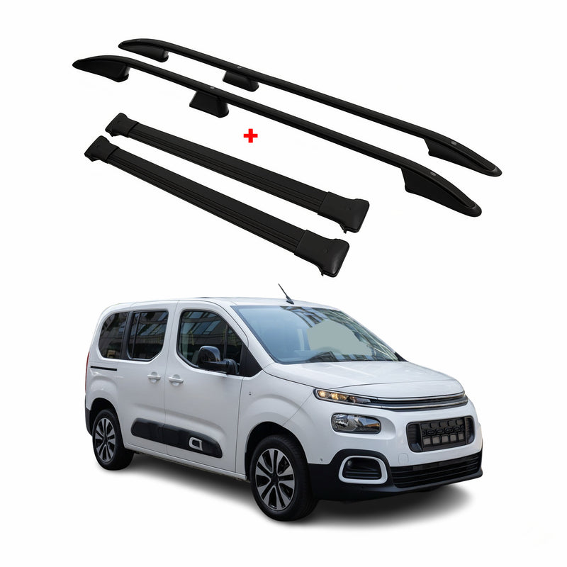 Dachreling + Dachträger für Citroen Berlingo 2018-2025 Kurzer L1 Alu Schwarz 4x