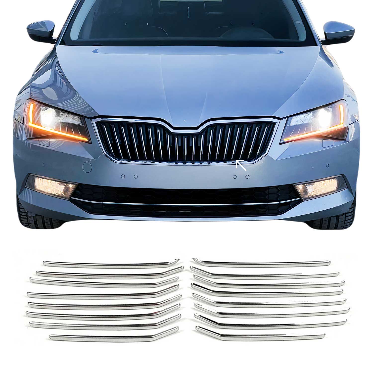 Kühlergrill Leisten Grillleisten für Skoda Superb 2015-2019 Edelstahl Chrom 16x