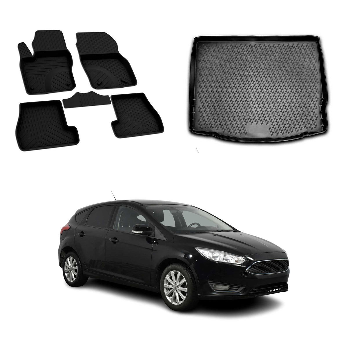 Fußmatten & Kofferraumwanne Set für Ford Focus III Schrägheck 2011-2018 5Türer