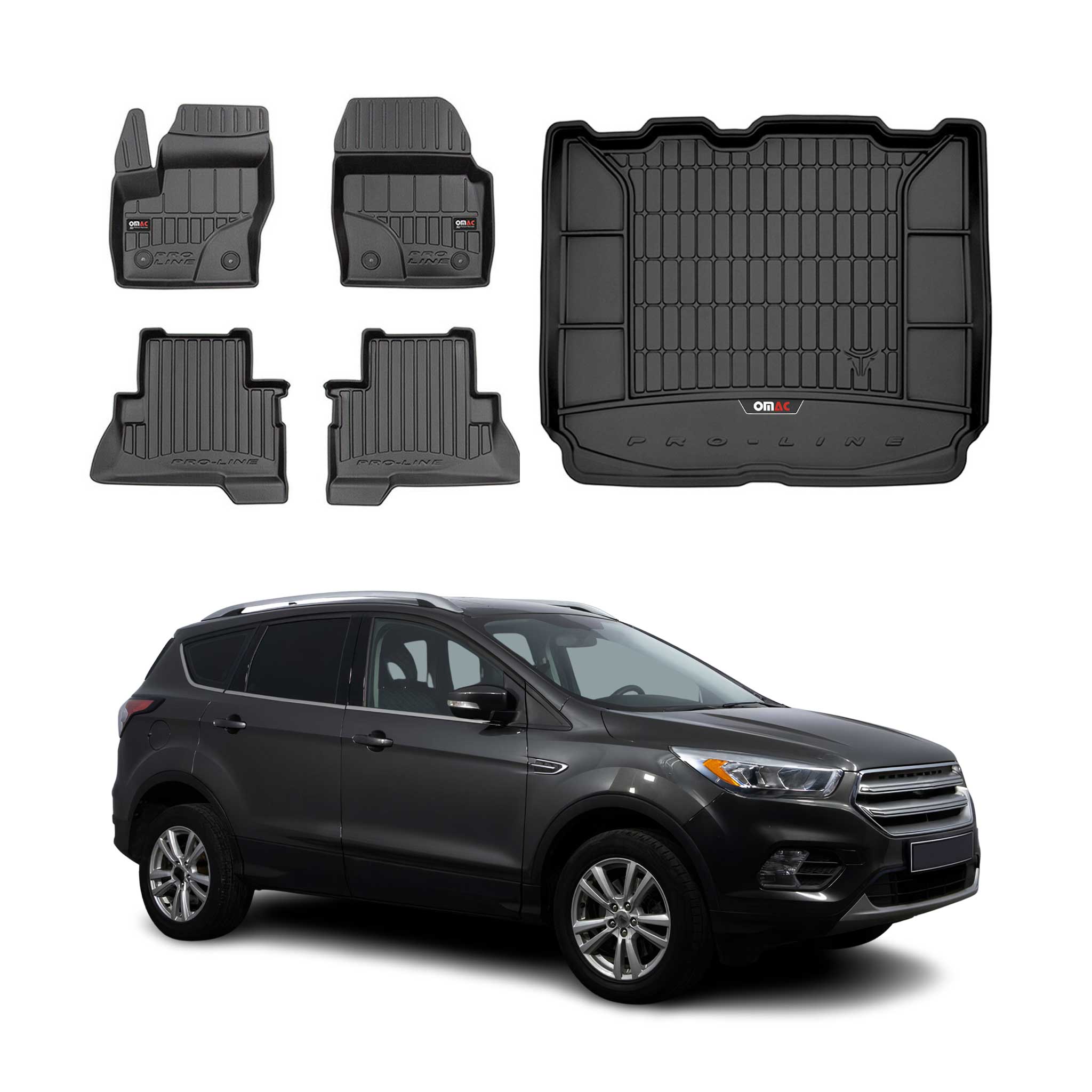 OMAC Fußmatten & Kofferraumwanne Set für Ford Kuga II 2012-2019 Schwarz Gummi 5x