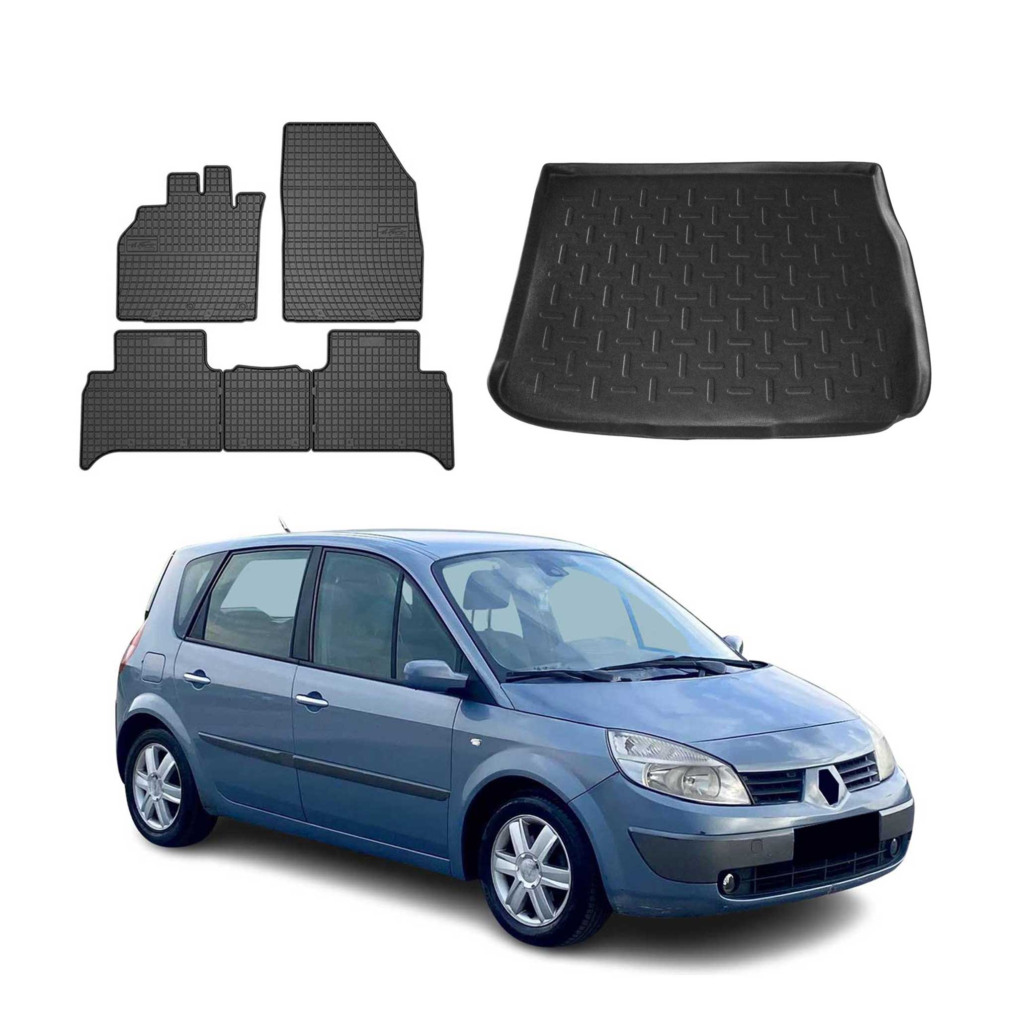 Fußmatten & Kofferraumwanne Set für Renault Scenic 2003-2009 Gummi TPE Schwarz