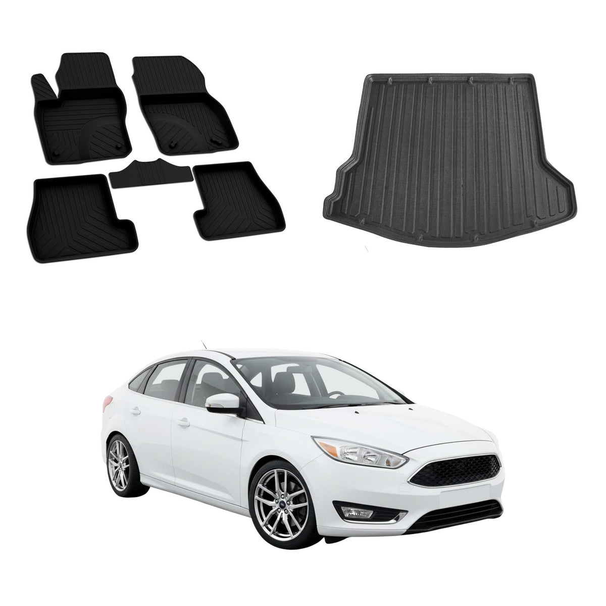 OMAC Fußmatten & Kofferraumwanne Set für Ford Focus III Limo 2011-2018 Schwarz