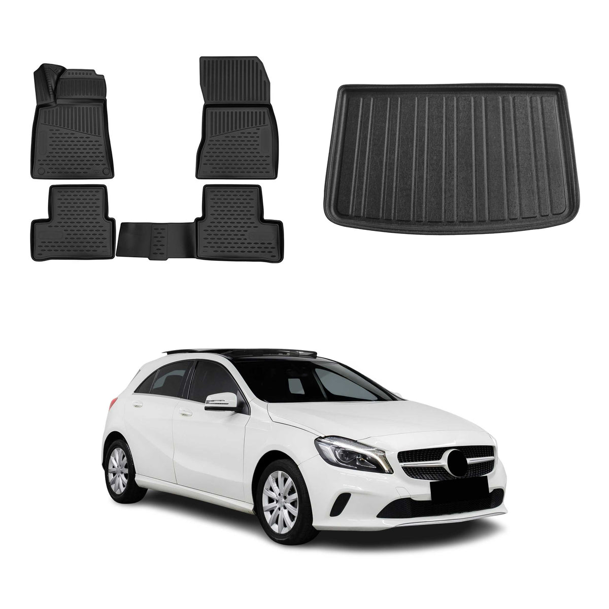 Fußmatten & Kofferraumwanne für Mercedes A Klasse W176 2015-18 Facelift Schwarz