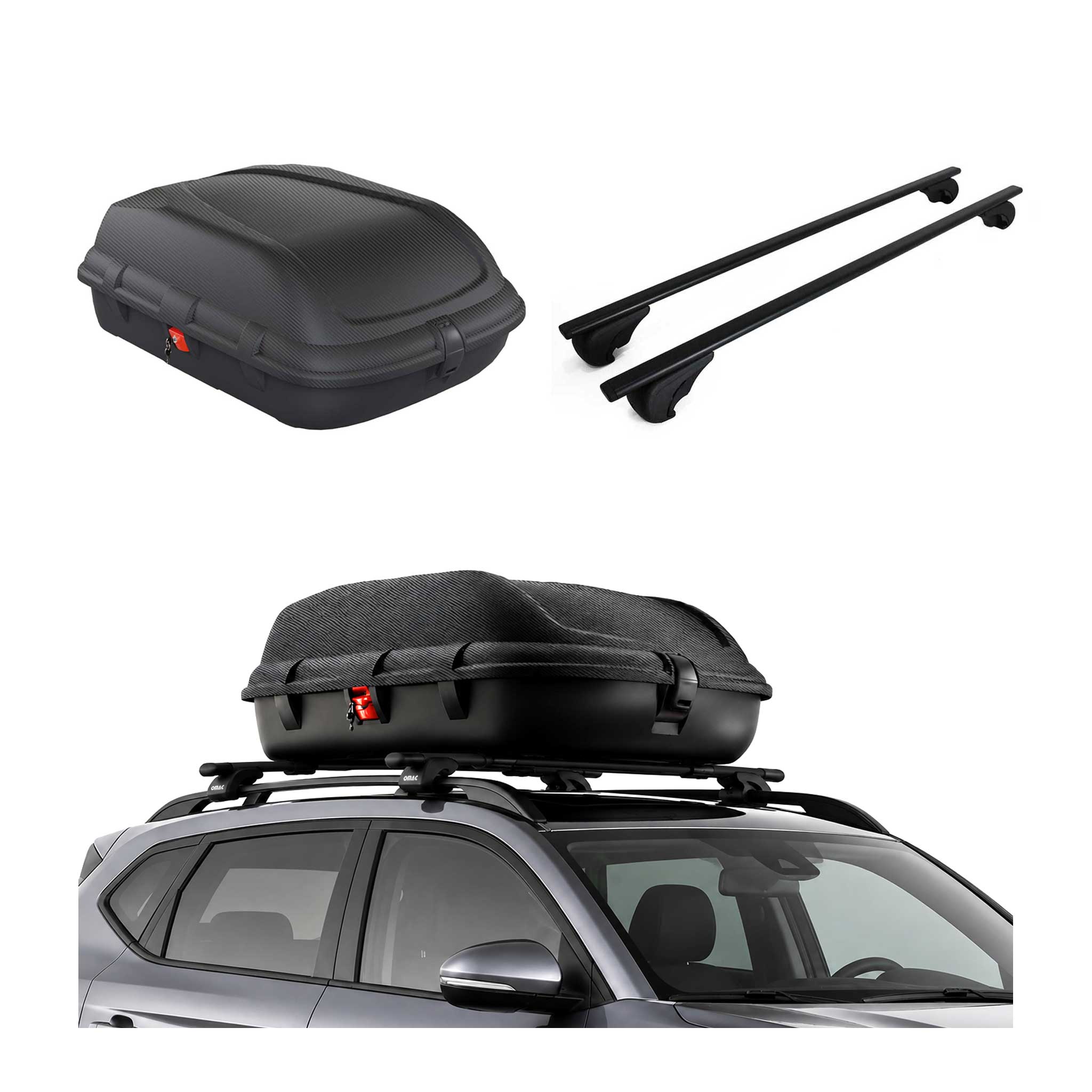 Carbonlook Dachbox 270L + Dachträger VW Polo mk4 Schrägheck 2001-2009 Schwarz