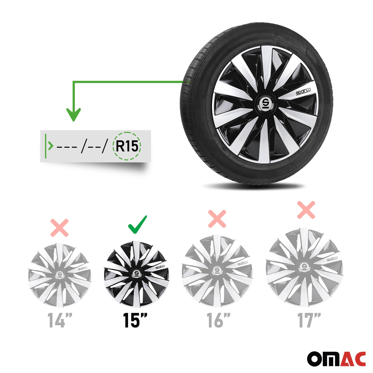 Radkappen Radzierblenden Sparco Lazio 15" Zoll Abdeckung Set Schwarz Silber 4x