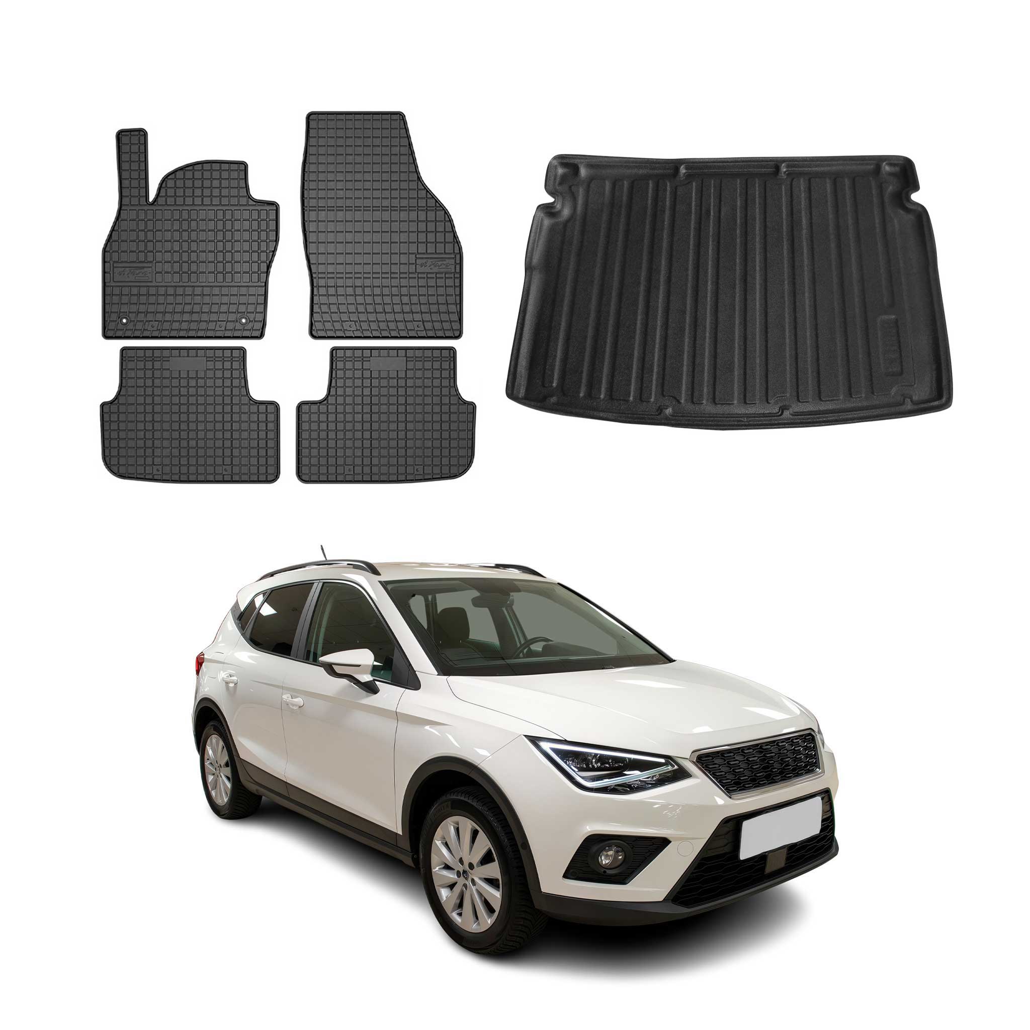 Fußmatten & Kofferraumwanne Set für Seat Arona 2017-2026 Obere Gummi Schwarz 5x