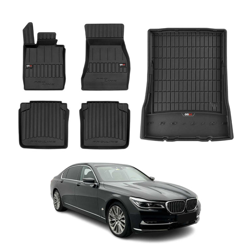 OMAC Fußmatten & Kofferraumwanne Set für BMW 7er G12 2015-2024 Gummi Schwarz 5x