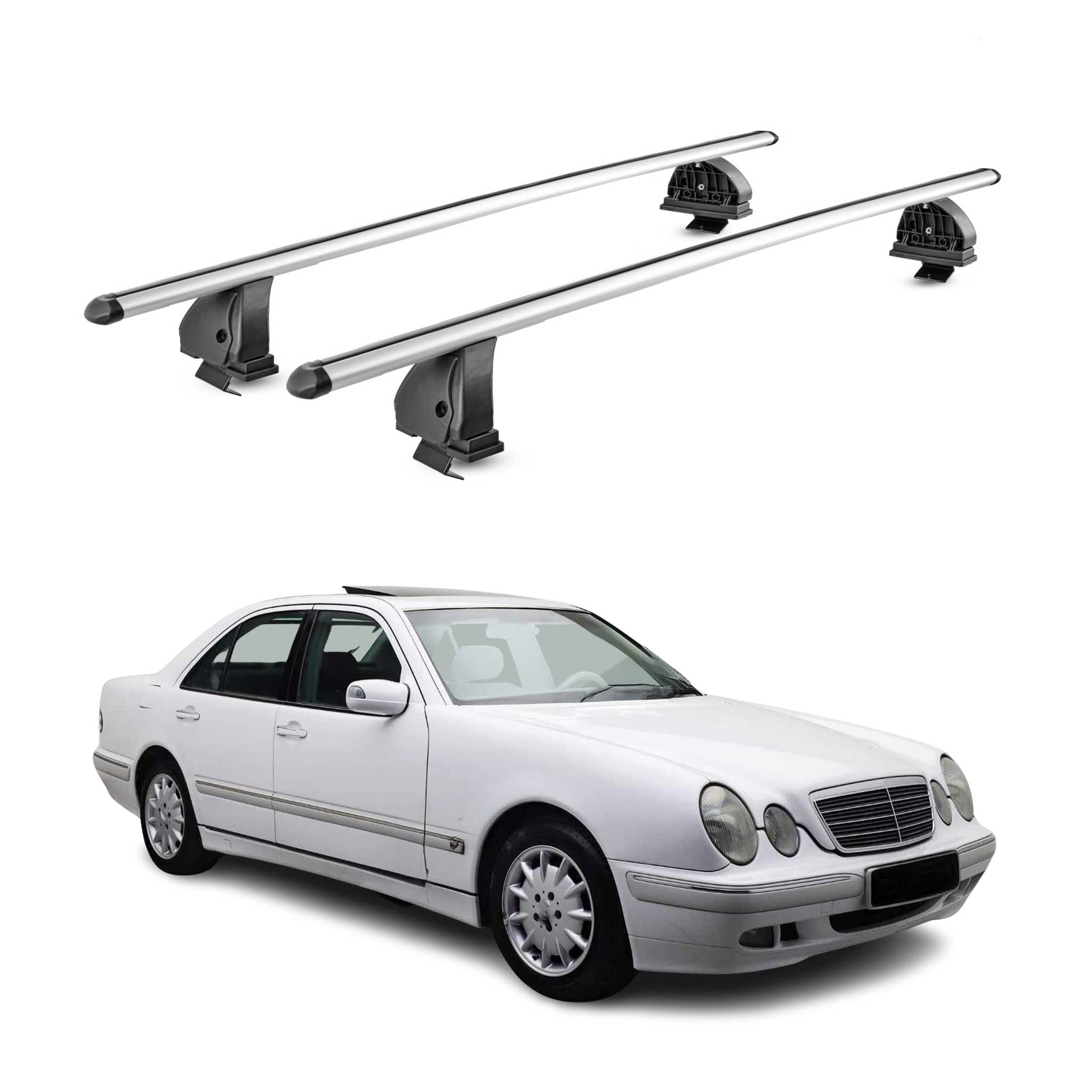 Alu Dachträger für Mercedes E Klasse W210 1996-2002 TÜV T-Nut 75 kg 2tlg Silber