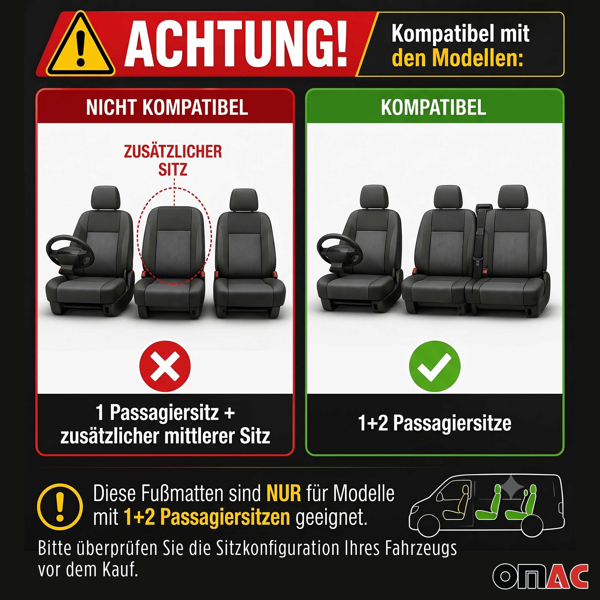 OMAC Gummimatten Fußmatten für Ford Transit 2014-2024 TPE Automatten Schwarz 2x