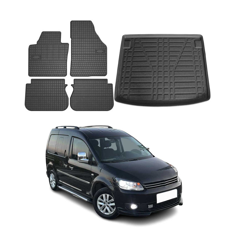 Fußmatten & Kofferraumwanne Set für VW Caddy 2010-2015 Gummi TPE Schwarz 5x