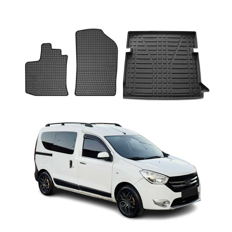 Fußmatten & Kofferraumwanne Set für Dacia Dokker 2012-2024 Gummi TPE Schwarz 3x