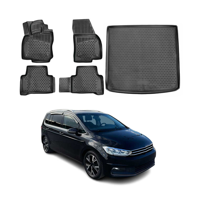 Fußmatten & Kofferraumwanne Set für VW Touran 2015-2025 Gummi TPE Schwarz 5x
