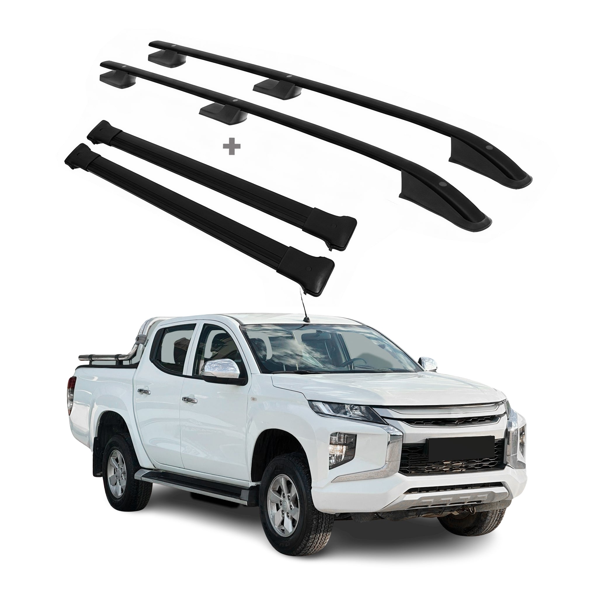 Dachreling + Dachträger SET für Mitsubishi L200 2014-2025 Aluminium Schwarz 4tlg