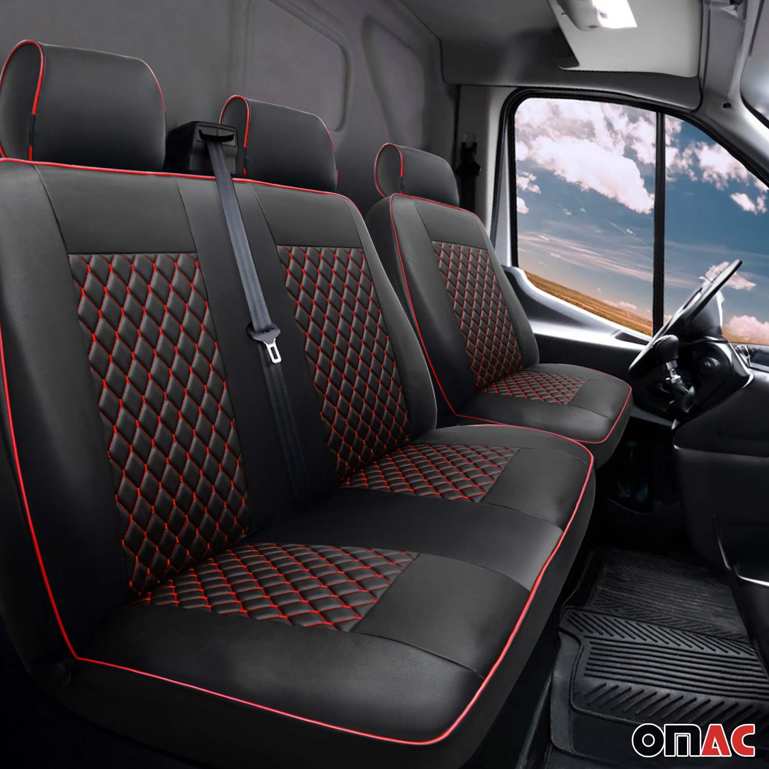 Sitzbezüge Schonbezüge für Ford Transit 2010-2013 Kunstleder Schwarz Rot 1+2