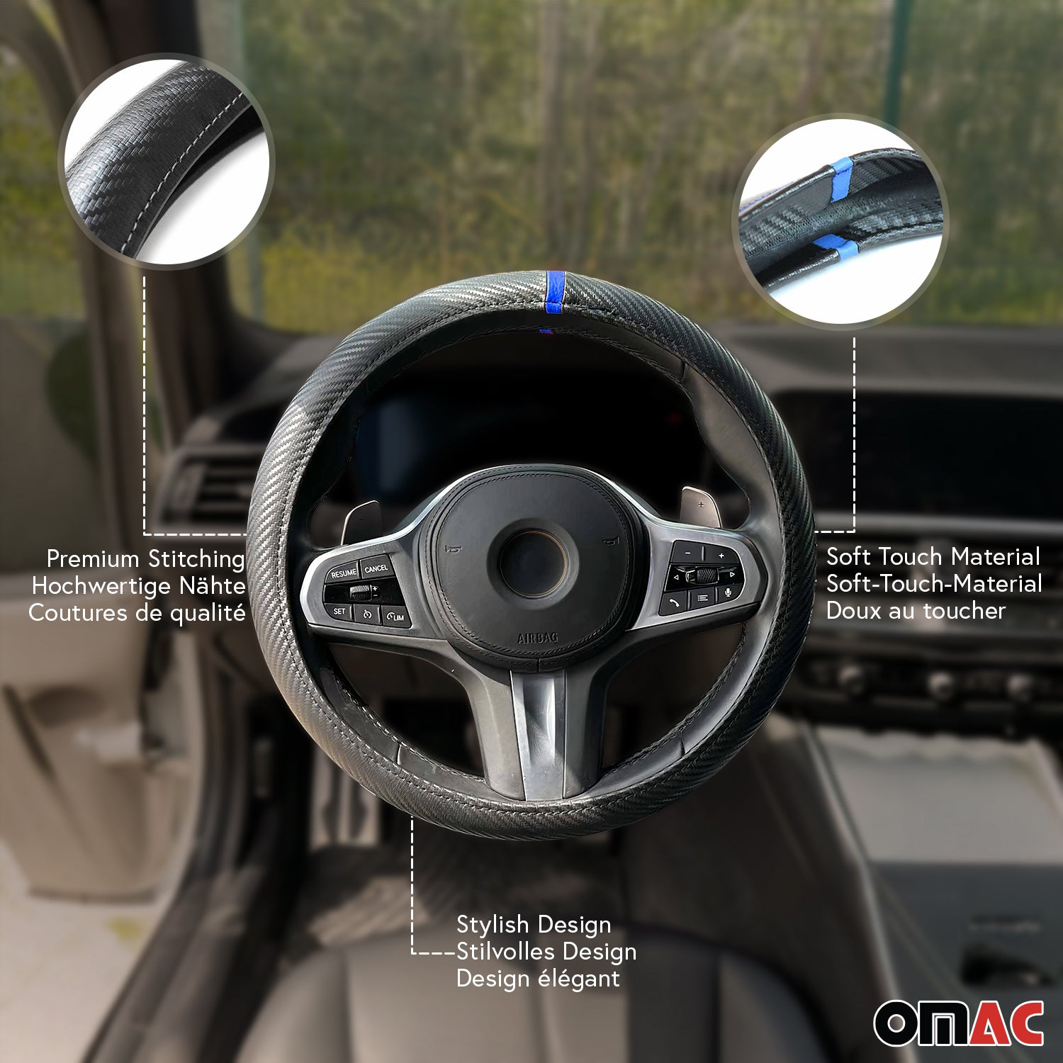 Lenkradbezug Lenkradschoner Lenkrad Abdeckung Schwarz Blau Streifen Ø 38-40 cm