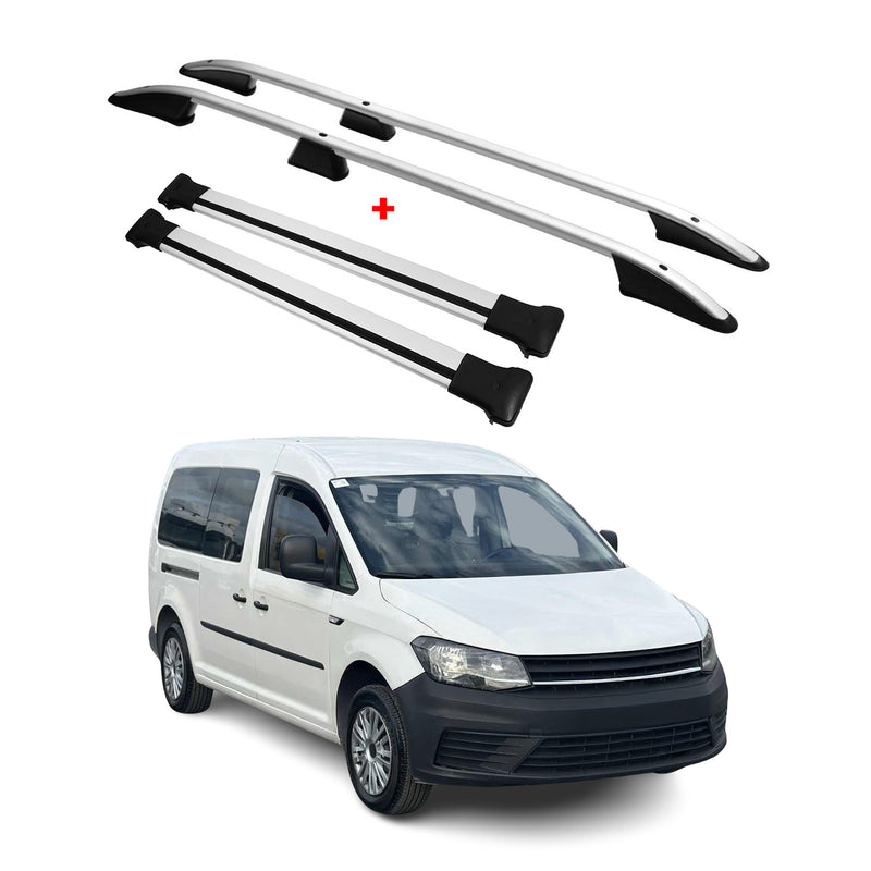 Dachreling + Dachträger SET für VW Caddy 2015-2020 L2 Langer Alu Silber 4tlg