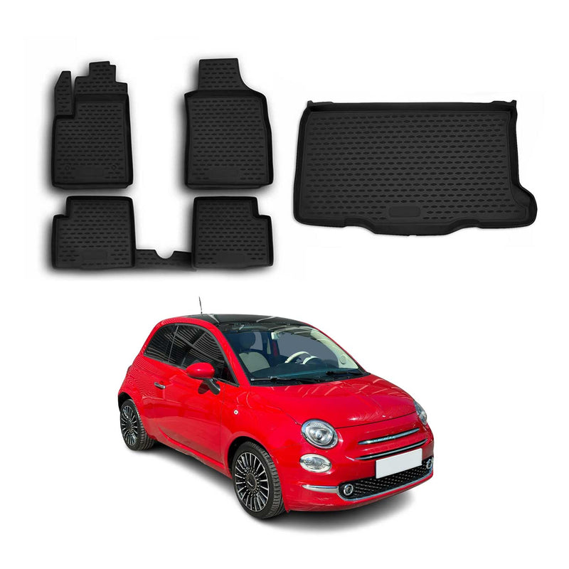 Fußmatten & Kofferraumwanne Set für Fiat 500 2007-2015 Gummi TPE Schwarz 5x