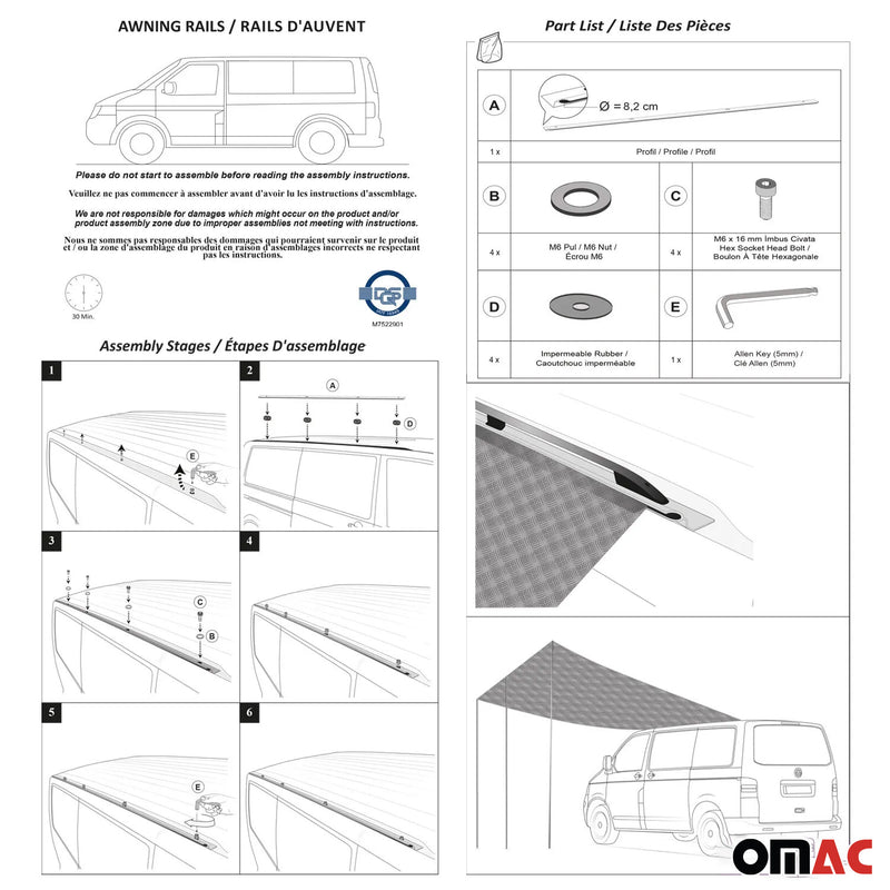 Sonnensegel Kederschiene Markise Satz für Ford Tourneo Custom 2013-22 L1 Silber