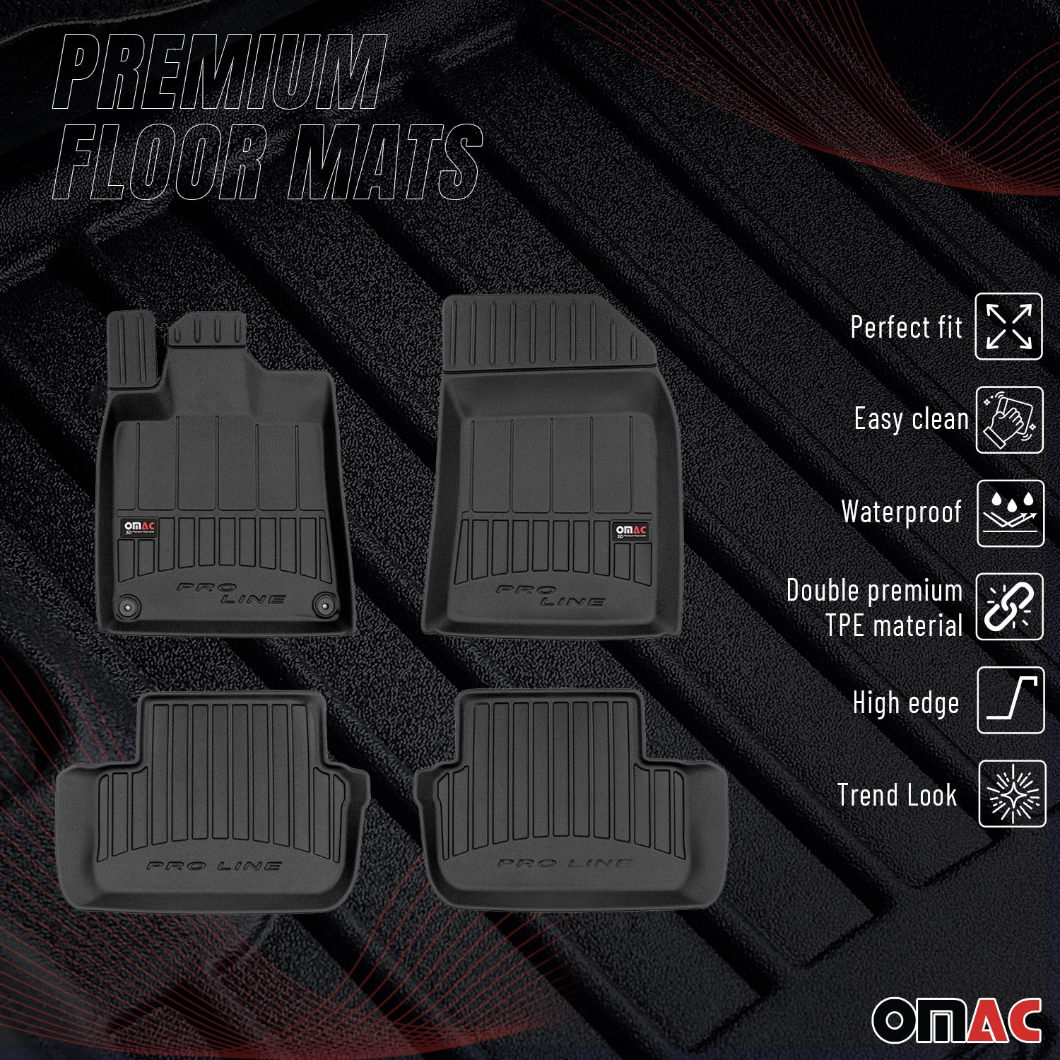 OMAC Gummi Fußmatten für Peugeot 407 Limo Kombi 2004-2011 Premium TPE Schwarz 4x