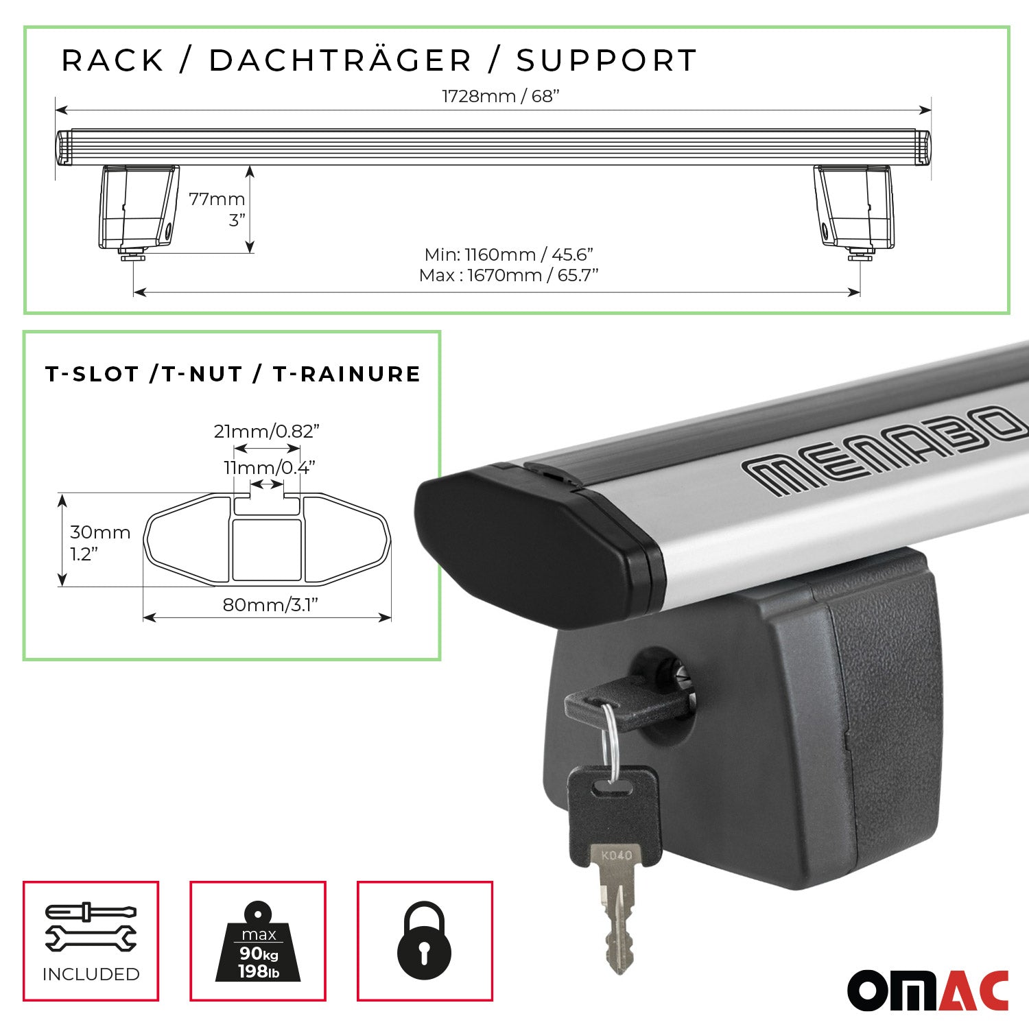 Menabo Dachträger für Universal Laderaumrollo-Querträger Ladeflächenträger 2x