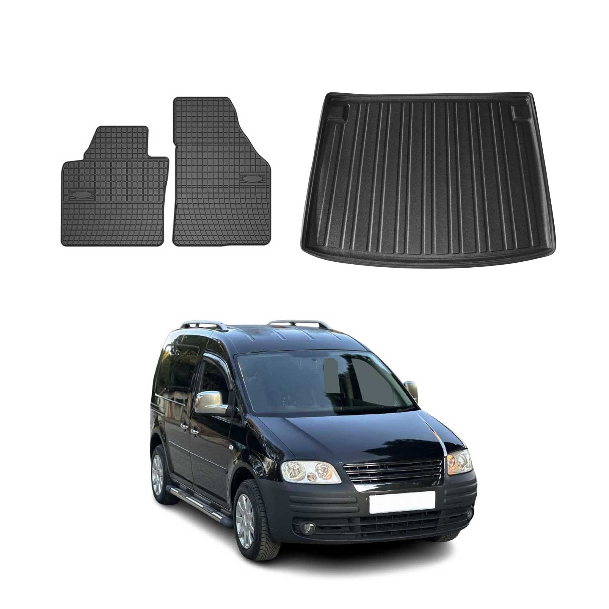 Fußmatten & Kofferraumwanne Set für VW Caddy 2004-2010 Gummi TPE Schwarz 3x