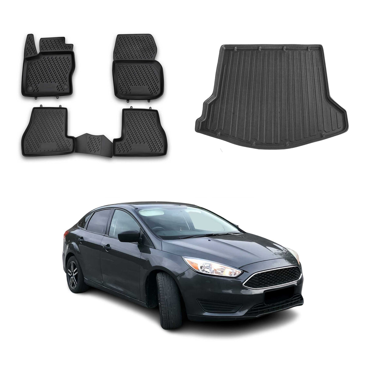 Fußmatten & Kofferraumwanne Set für Ford Focus III Stufenheck 2011-2018 Schwarz