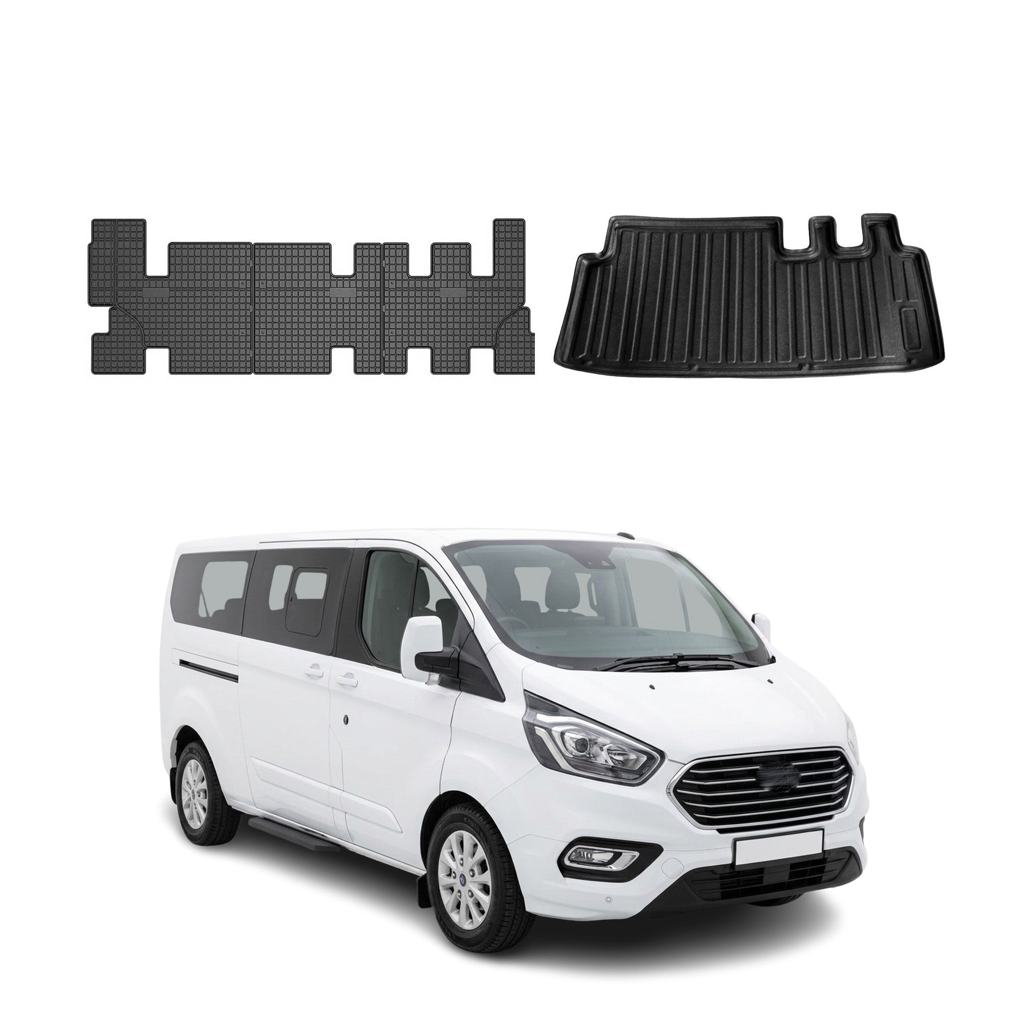 Fußmatten 3.Sitzreihe & Kofferraumwanne Set für Ford Tourneo Custom 2012-2023 L2