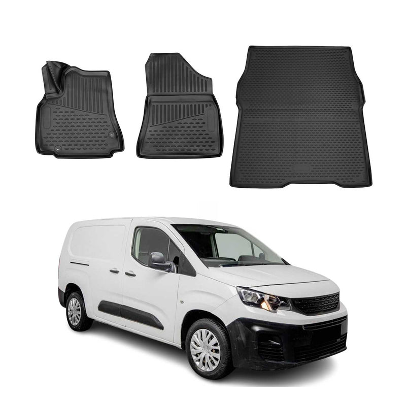 Gummi Fußmatten + Kofferraumwanne Set für Peugeot Partner 2018-2023 TPE Schwarz