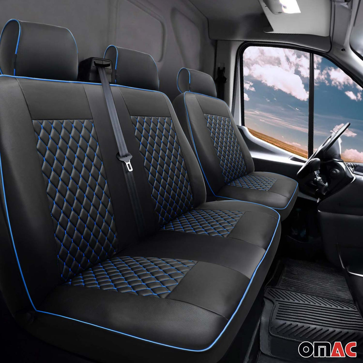 Sitzbezüge für VW T6 T6.1 Transporter 2015-2024 Kunstleder Schwarz Blau 2+1