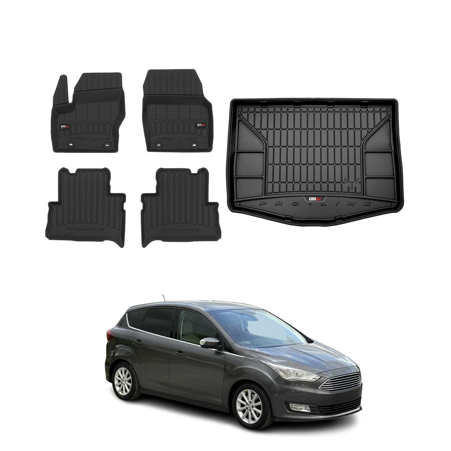 OMAC Fußmatten & Kofferraumwanne Set für Ford C-Max 2010-2019 Gummi Schwarz 5x