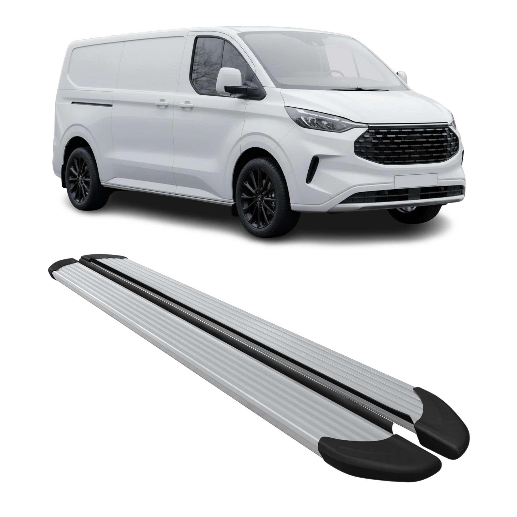 Trittbretter Seitenschweller für Ford Transit Custom 2023-2026 L2 Alu Silber 2x