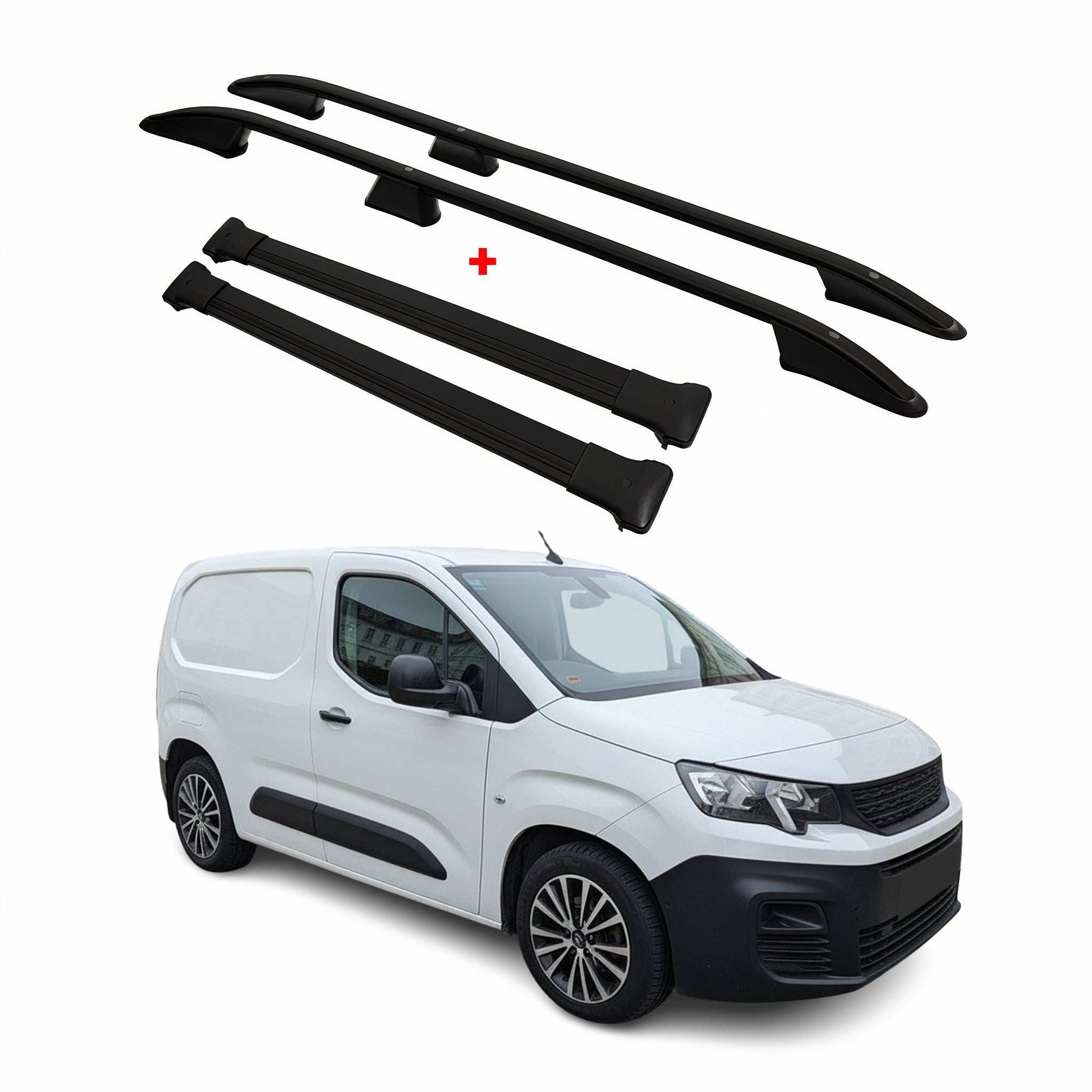 Dachreling + Dachträger für Peugeot Partner 2018-2024 Kurzer Alu Schwarz 4x