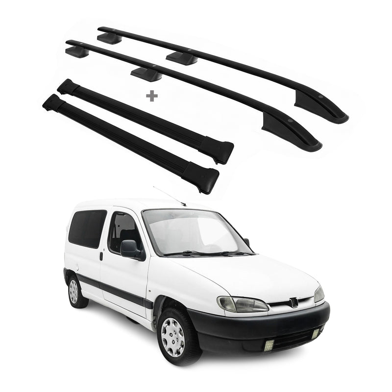 Dachreling + Dachträger für Peugeot Partner 1996-2008 L1 Kurzer Alu Schwarz 4x