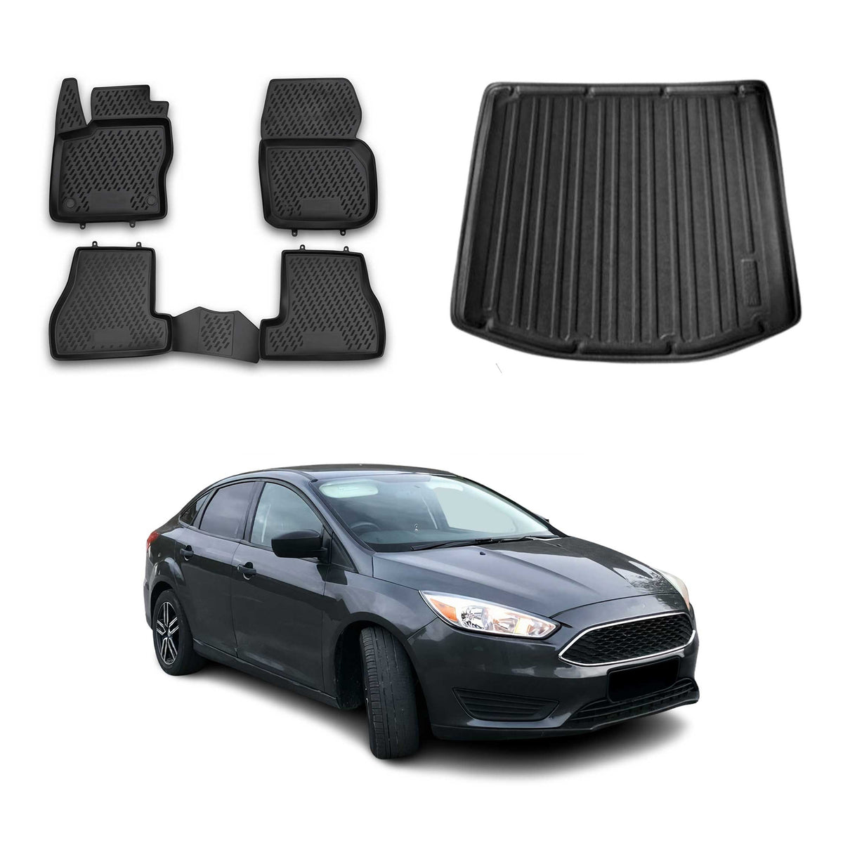 Fußmatten & Kofferraumwanne Set für Ford Focus mk3 Stufenheck 2011-2018 Schwarz