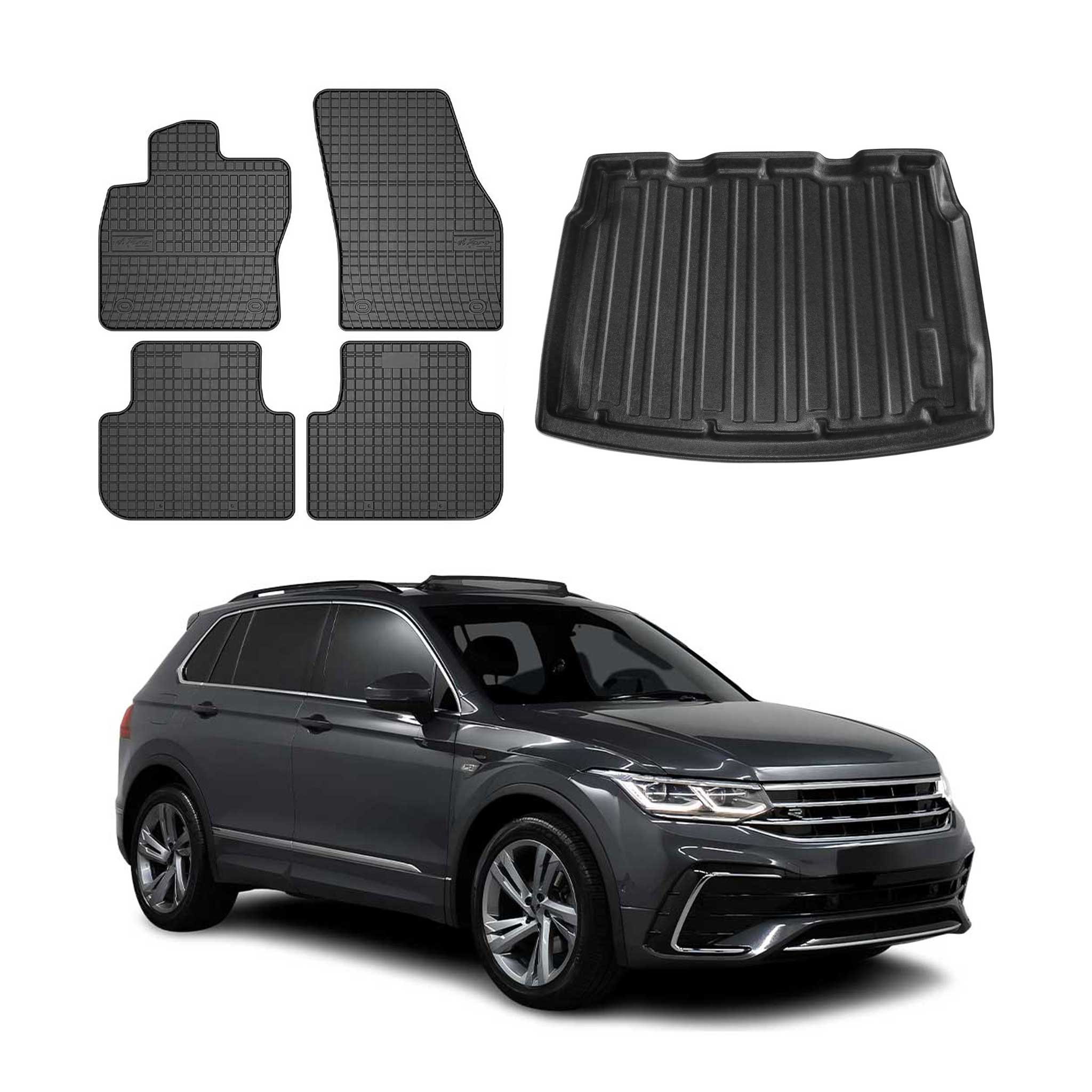 Fußmatten & Kofferraumwanne Set für VW Tiguan 2016-2024 Untere Schwarz Gummi 5x